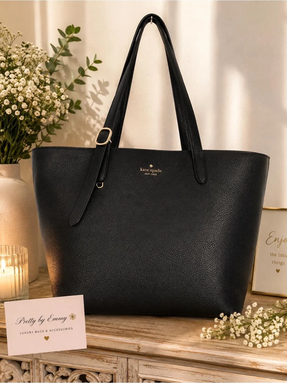 kate spade Black Pebbled Leather Tote with Gold Logo